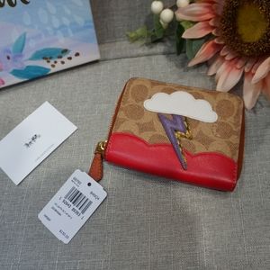 Coach Small Zip Around Wallet In Signature Canvas With Lightning Cloud